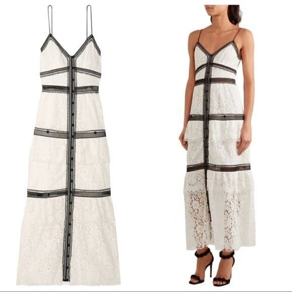 SELF-PORTRAIT White with Black Lace Trim Maxi Dress Size 0 - Picture 1 of 8
